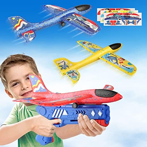 HFHY Airplane Launcher Toy, Catapult Aeroplane Toys, 3 Pack Foam Throwing Glider Plane Toys with Gun, Outdoor Garden Sport Birthday Gift for Kids Age 4 5 6 7 8 9 10 Years Old Boys Girls, 3pack