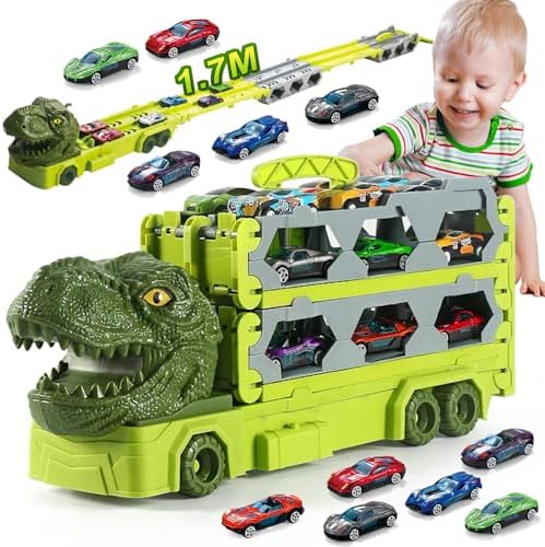 VATOS Transport Truck Toys Cars for Boys Ages 3 4 5 6 7 8, Portable Dinosaur Race Track Truck Toy Car with 6 Race Cars, Best Gift Carrier Truck Vehicles Toys Set for Kids