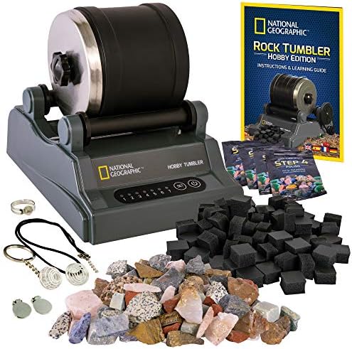 National Geographic Hobby Rock Tumbler Kit – Rock Polisher for Kids & Adults, Durable Noise-Reduced Barrel, Rocks, Grit & New GemFoam for a Shiny Finish, Cool Toys, Great STEM Hobby Kit