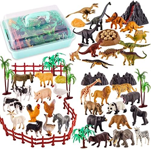 TOEY PLAY 3 in 1 Animals Toys, Farm Animals, Wild Jungle Zoo Animal, Dinosaur Toy, Mini Animal Figures Set with Carry Case, 56PCS, Gifts for Kids Boys Girls 3 4 5 6 Years Old